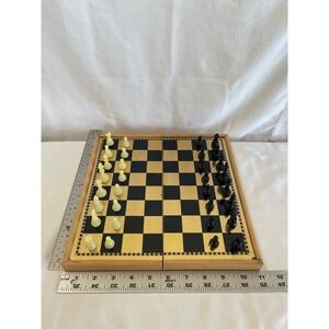 Vintage Folding Wooden Chess Set Gold Black Metallic Board Travel Case 10.5in